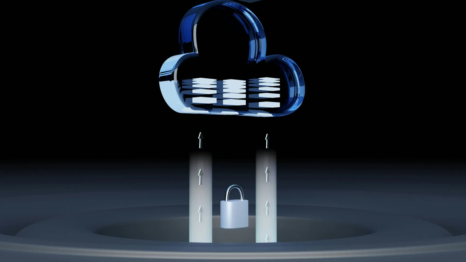 Illustration of a cloud of servers protected by a padlock
