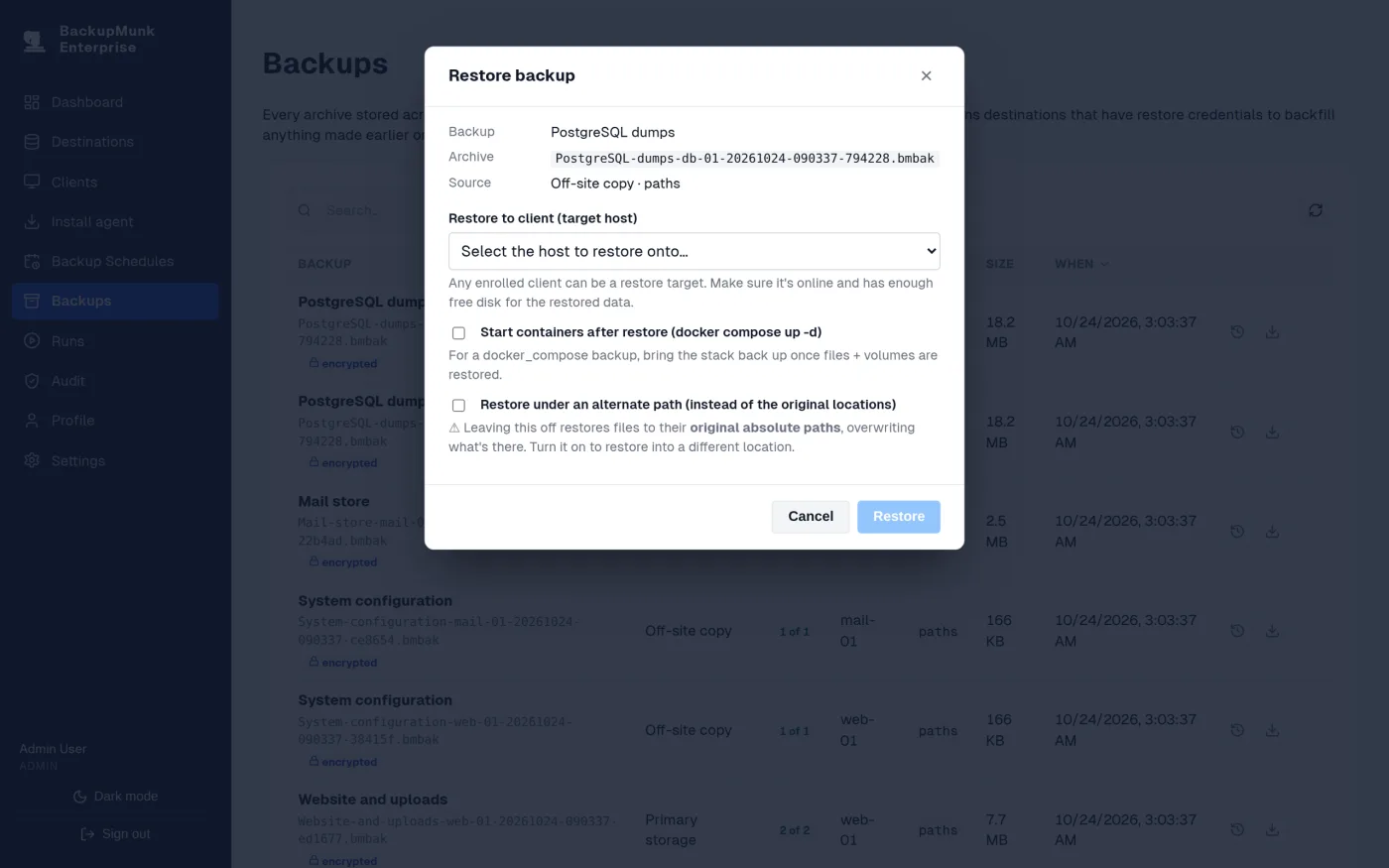 BackupMunk restore dialog: choosing the host to restore a backup onto, with options to start Docker Compose containers afterwards or restore to a different folder